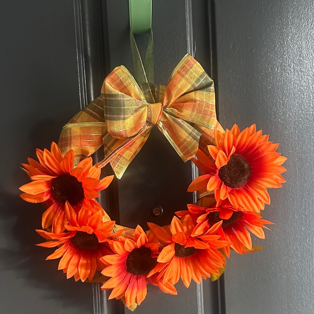 Festive thanksgiving Orange Sunflower Wreath with Plaid Bow